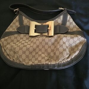 Gucci Brown Signature Canvas Shoulder Bag with Gold Buckle